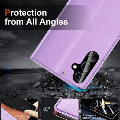 Samsung Galaxy A14 4G/5G Handyhülle mit Panzer Schutz Glas und Leder - Violett