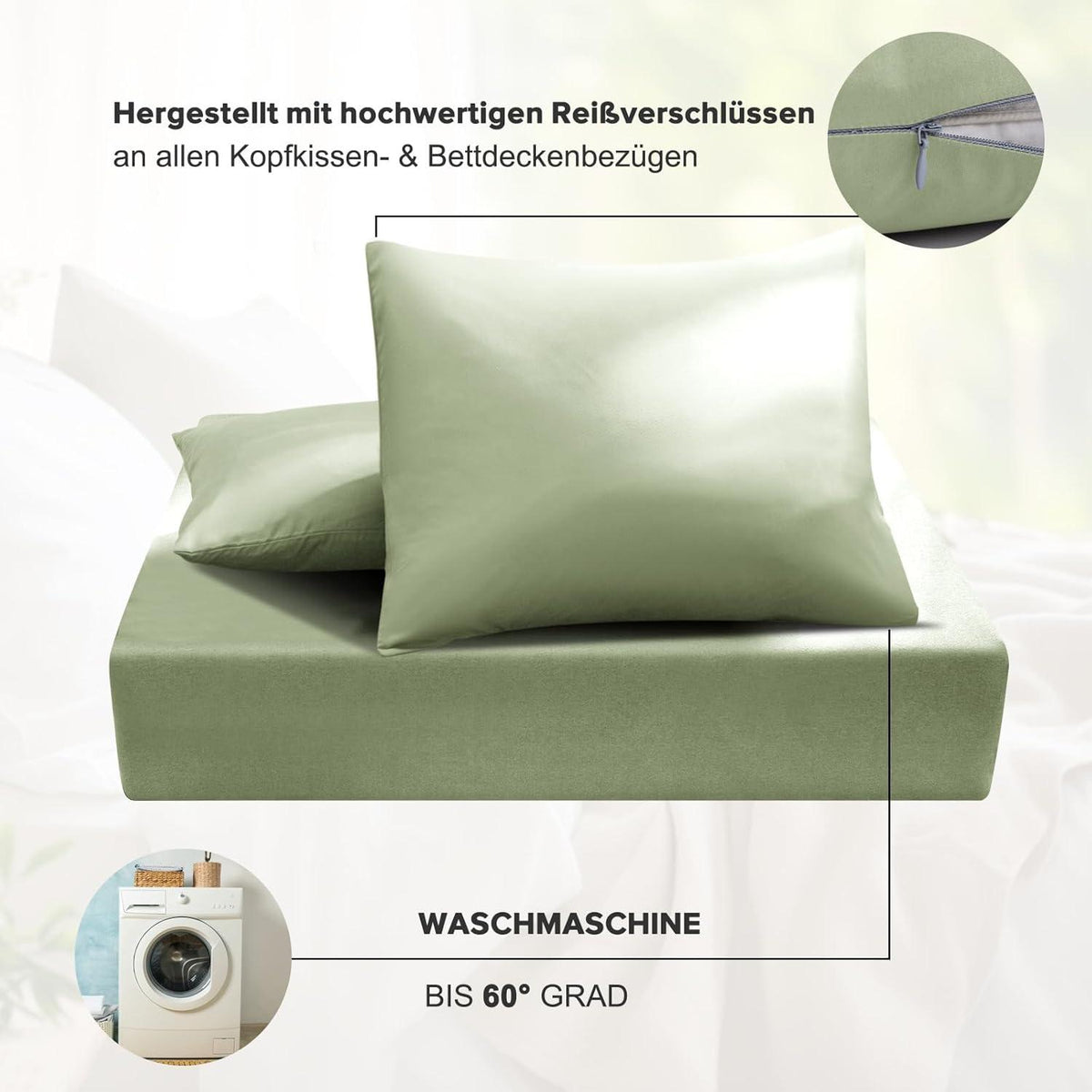 Bettwäsche 155x220 2tlg. Bettbezug Kissenbezug Mikrofaser Salbeigrün