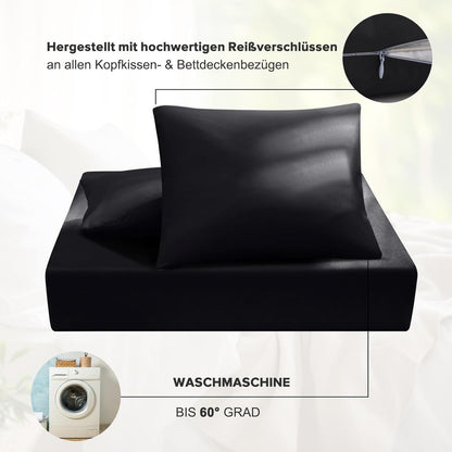 Bettwäsche 135x200 cm 2tlg Mikrofaser Schwarz Kissenbezug 80x80 cm