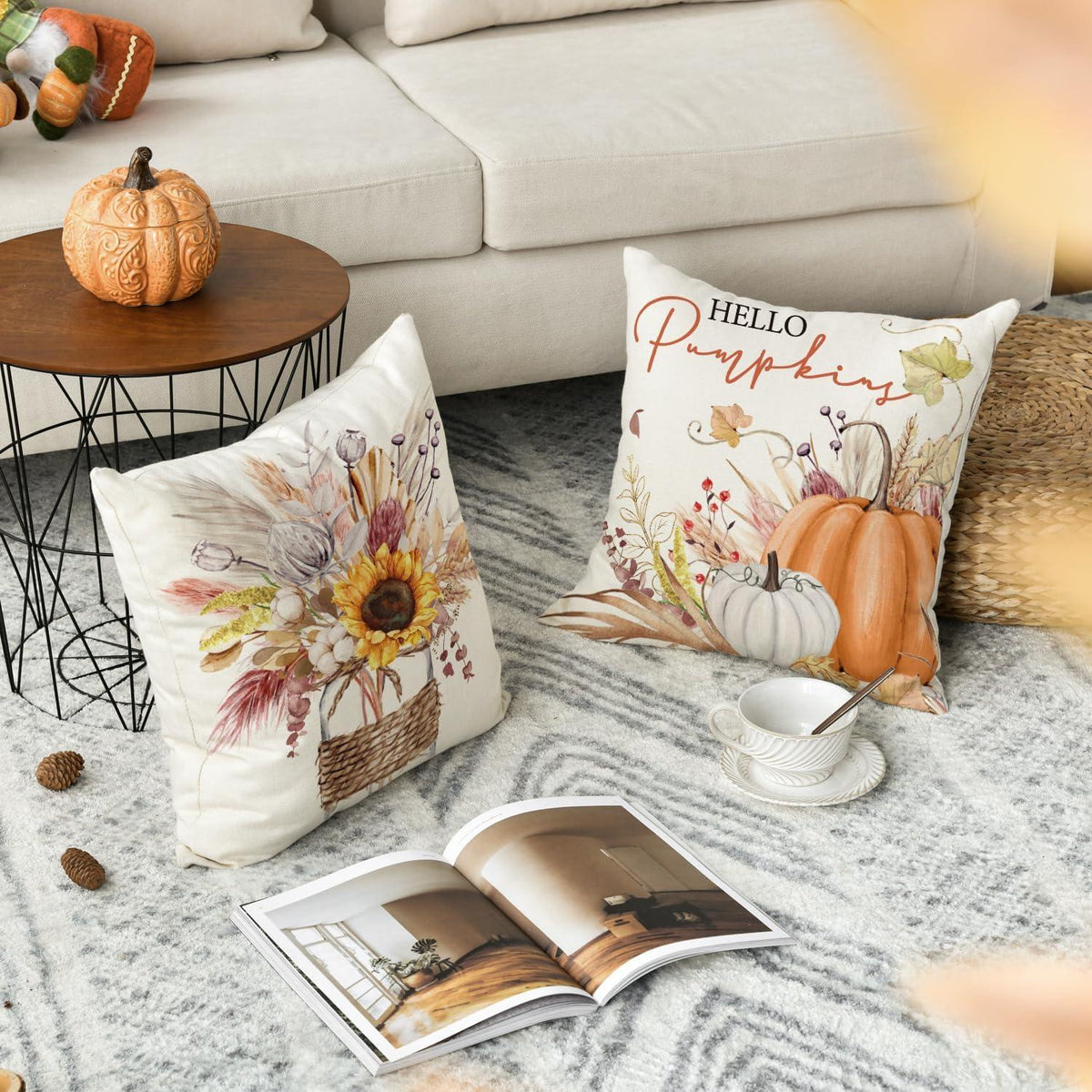 Sonnenblumen Herbst Kissenbezüge 4er Set 45x45 cm Zierkissenbezug Orange