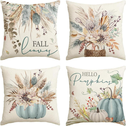 Sonnenblumen Blätter Vase Blau Kürbisse Herbst 4er Set Kissenbezüge