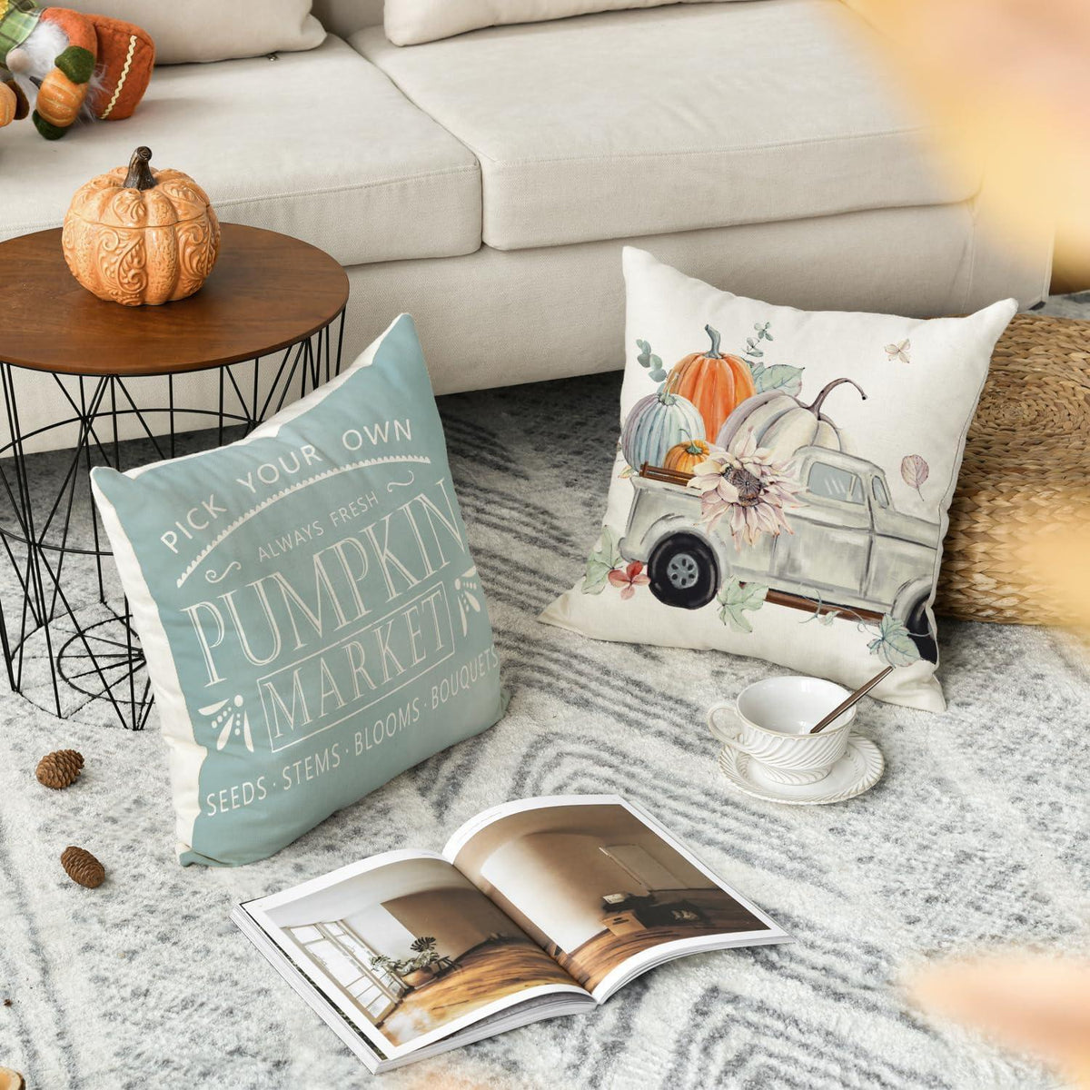 Herbst Kürbis Kissenbezüge 4er Set 45x45 cm Blau