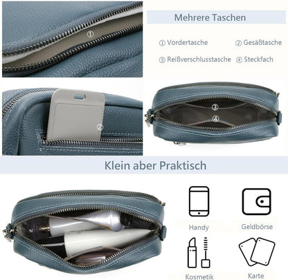 Damen Crossbody Bag Echtes Leder Umhängetasche Schultertasche Blau 3 Fächer