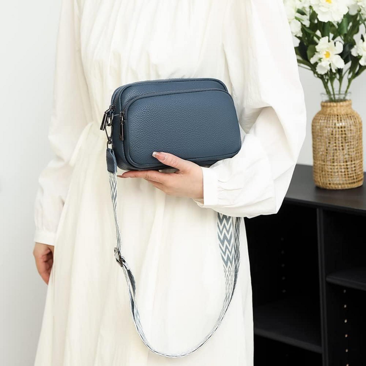 Damen Crossbody Bag Echtes Leder Umhängetasche Schultertasche Blau 3 Fächer