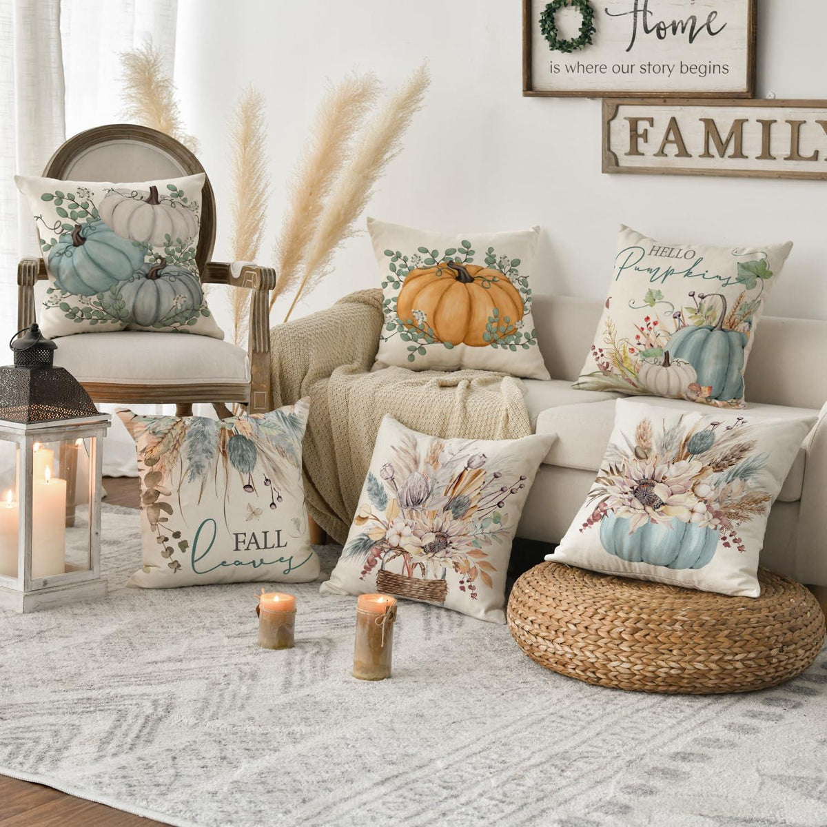 Artoid Sunflower Leaves Blue Pumpkins Autumn Cushion Covers 4 Pack 40x40 cm