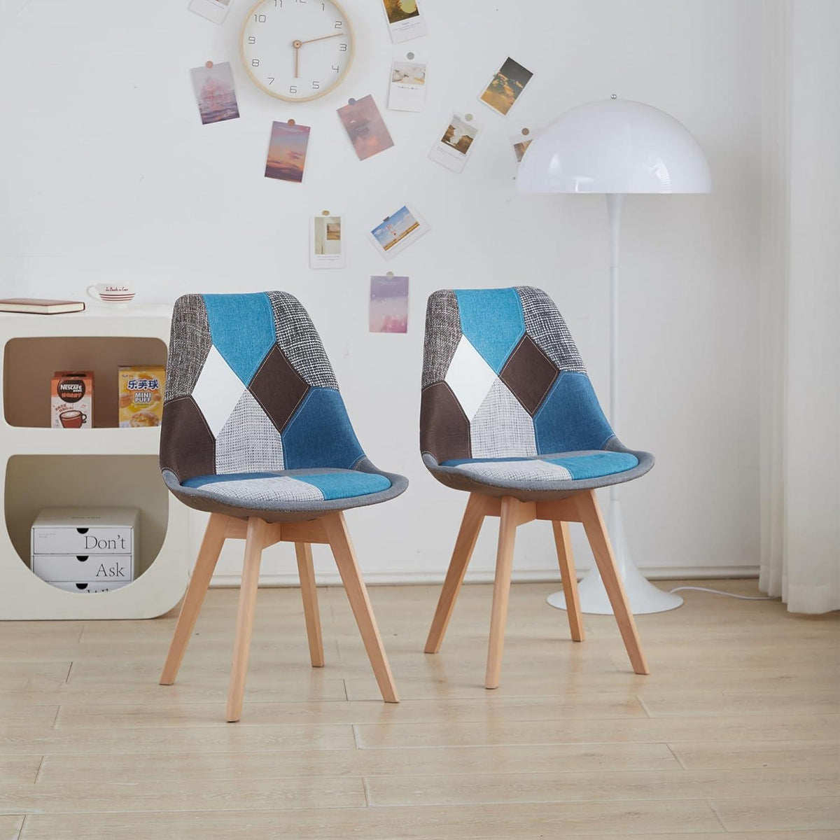 Patchwork Esszimmerstühle Set (Braun+Blau+Rot) mit Kissen