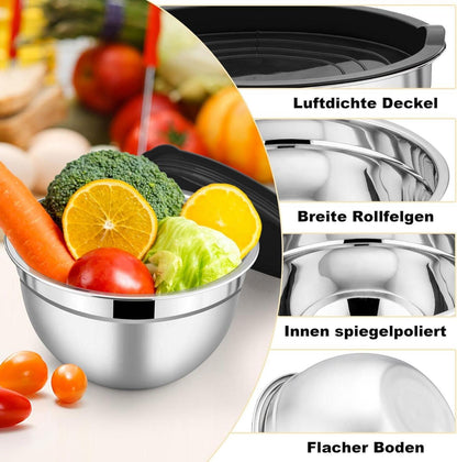 Rührschüssel Set Edelstahl mit luftdichten Deckeln & Backen Zubehör