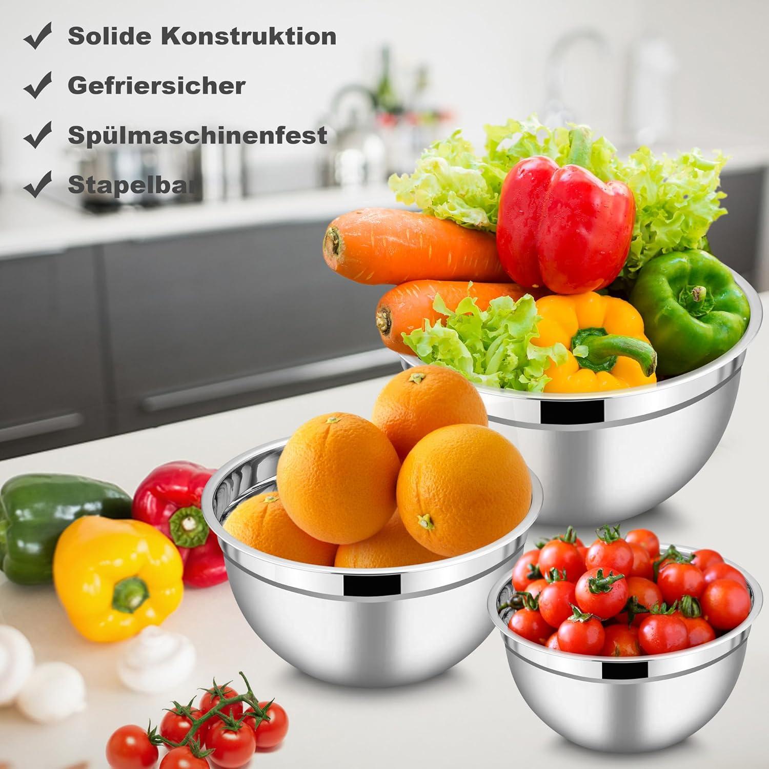 Herogo Rührschüssel Set Edelstahl Salatschüssel mit luftdichten Deckel 5 Backen Zubehör 1,2L 2,7L 4,5L Schwarz 8pcs