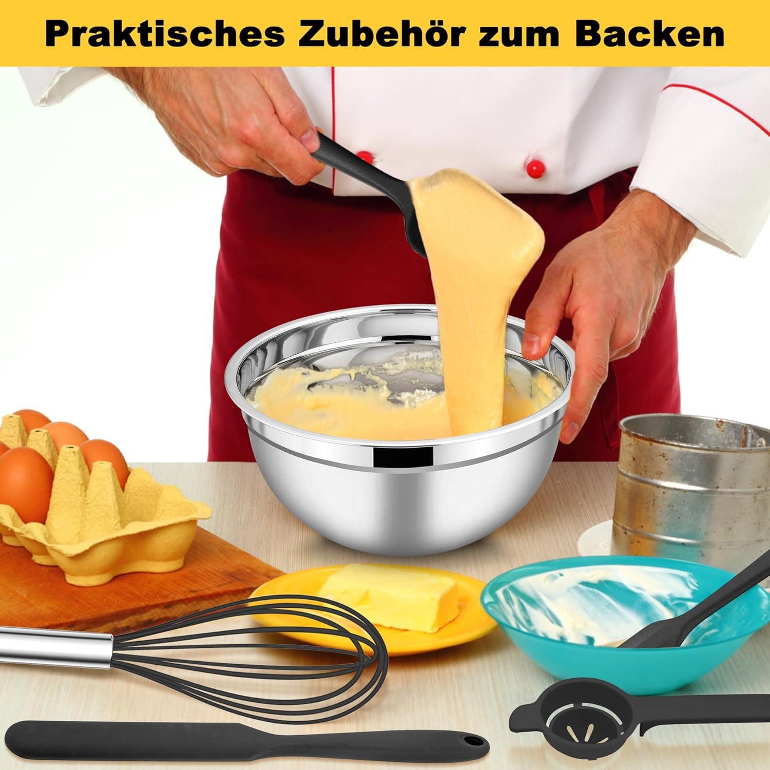 Edelstahl Rührschüssel Set mit luftdichten Deckel 3 Stück + 5 Backen
