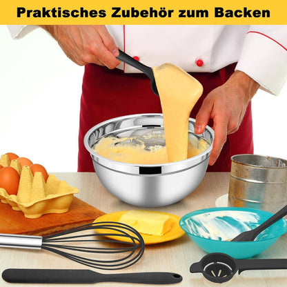 Edelstahl Rührschüssel Set mit luftdichten Deckel 3 Stück + 5 Backen