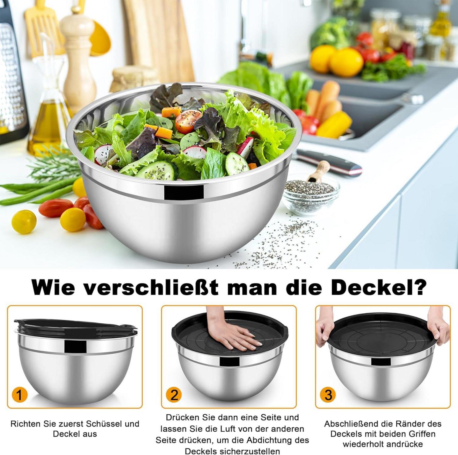 Rührschüssel Set Edelstahl Salatschüssel luftdichten Deckel Backen Zubehör 1,2L