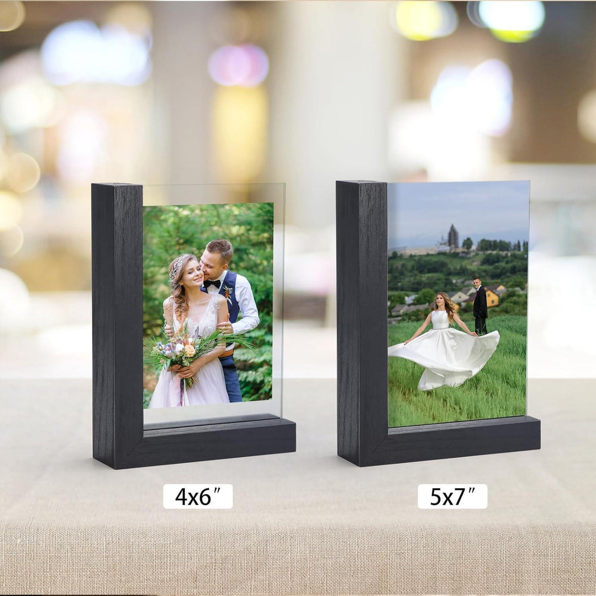 2er Set Schwarze Glasbilderrahmen 10x15 cm mit Holzsockel