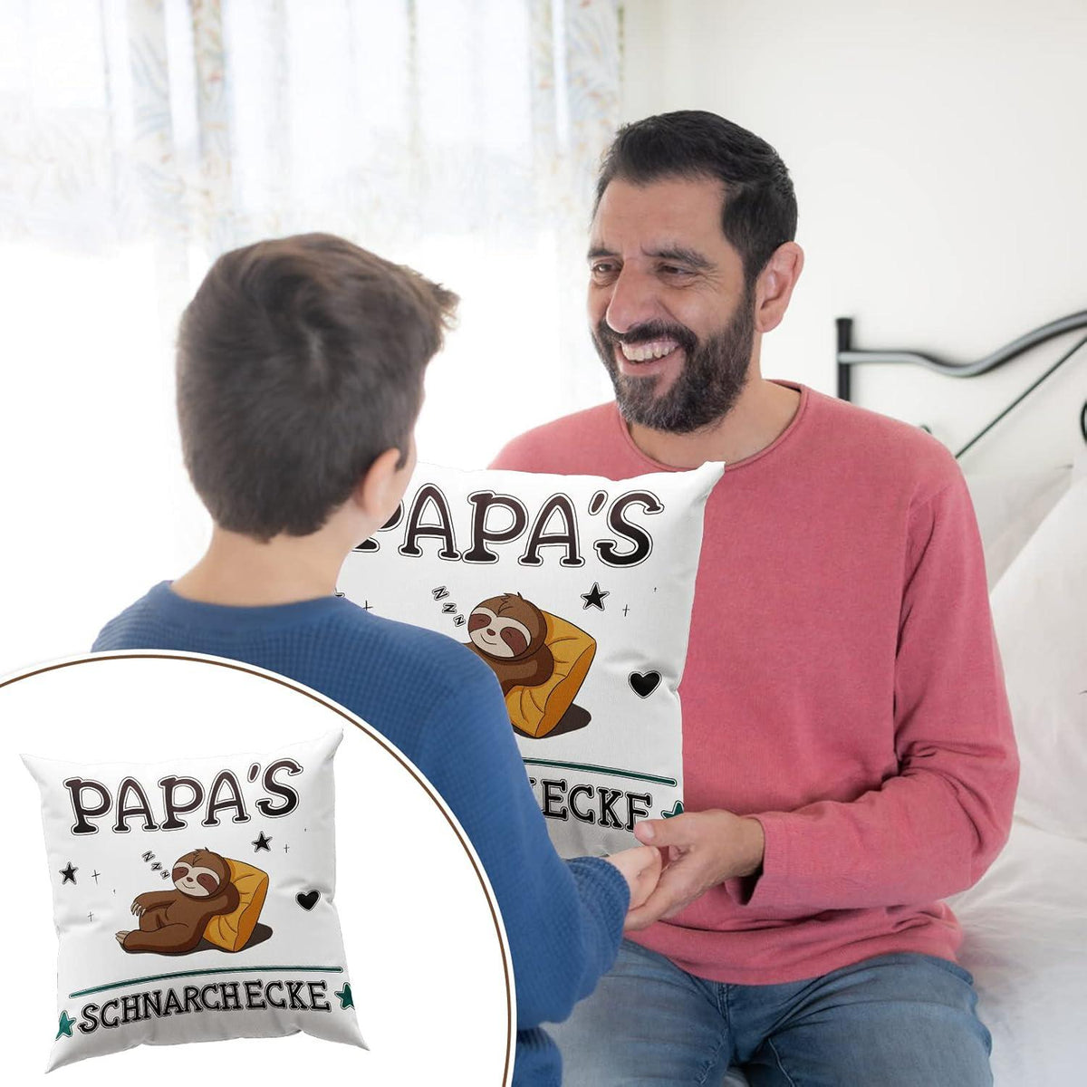 Weißer Kissenbezug Faultiermuster mit Taschen, 45x45 cm, Geschenk für Papa