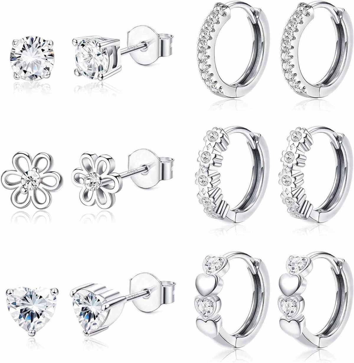 6 Paar Kleine Ohrringe Set 925 Silber Sleeper Herz Blume Creolen
