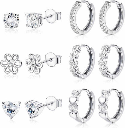 6 Paar Kleine Ohrringe Set 925 Silber Sleeper Herz Blume Creolen