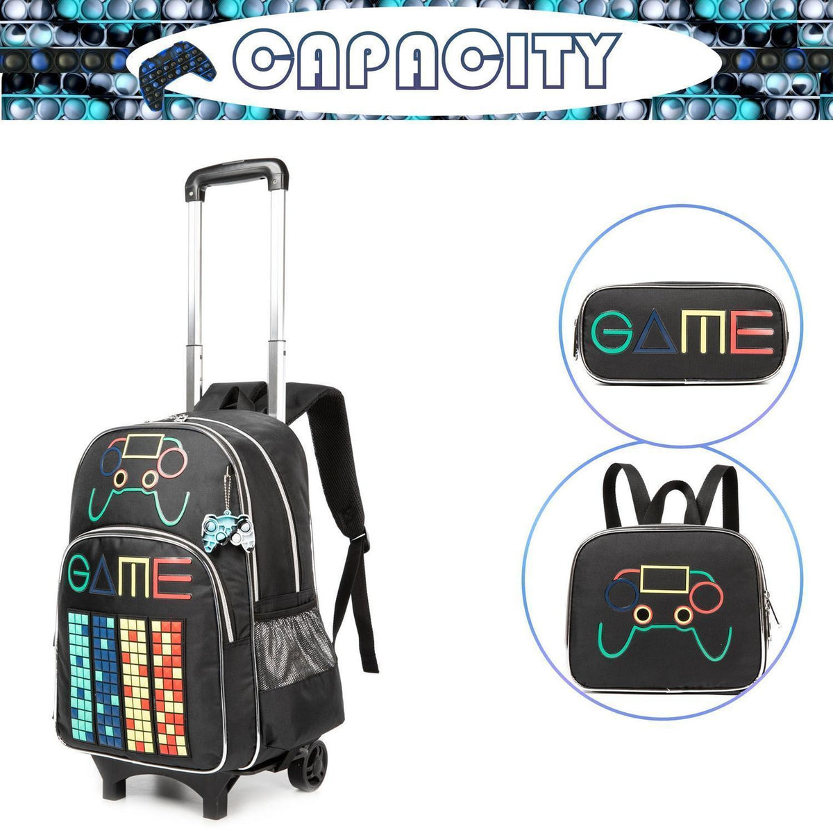 Schultrolley Rucksack mit Rollen – Schwarz