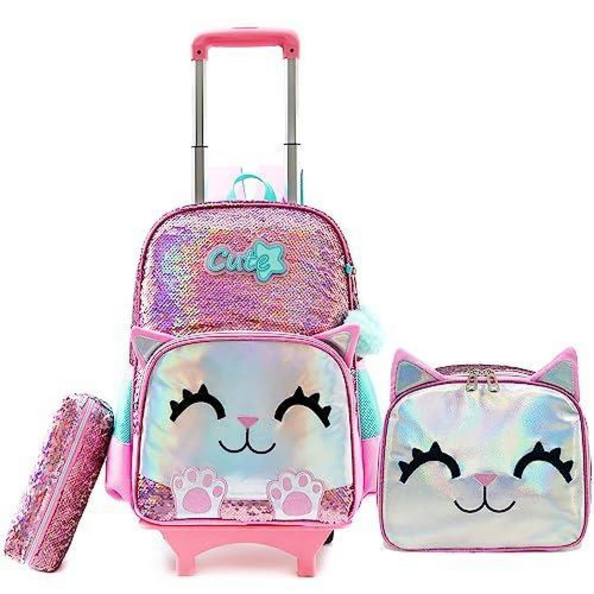 Trolley Schulranzen Mädchen Rosa Panda mit Lunchtasche & Federmäppchen