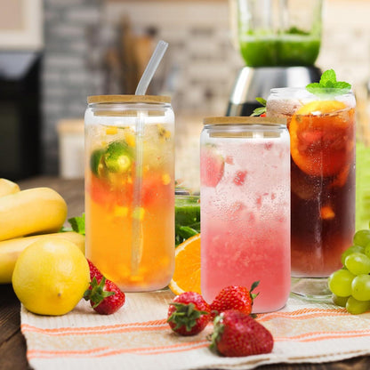 YUEYEE Trinkgläser 3er-Set 500ml Iced Coffee Glas mit Glasstrohhalmen und Bambusdeckel