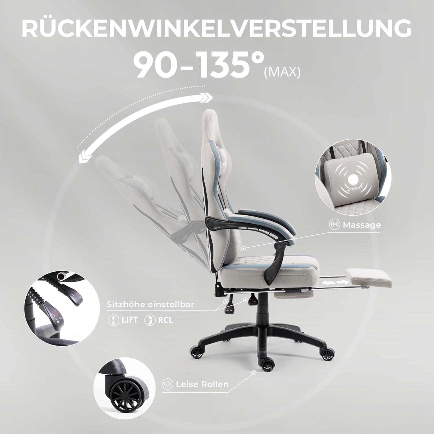 Dowinx Gaming Stuhl Stoff Gel-Pad Massage Fußstütze Ergonomisch Grau
