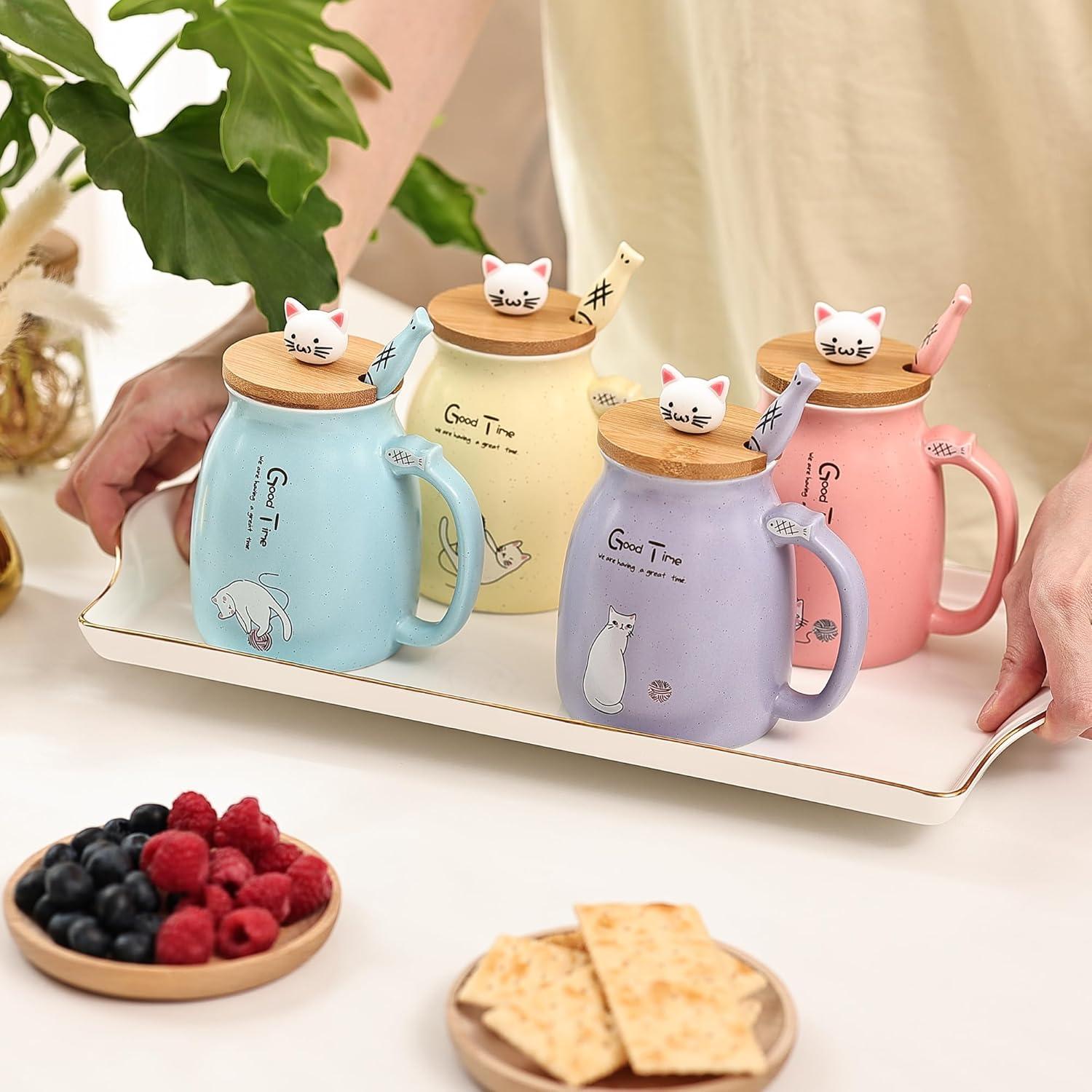 Niedliche Katze Kaffeetasse Set 2er mit Deckel und Löffel - Geschenk
