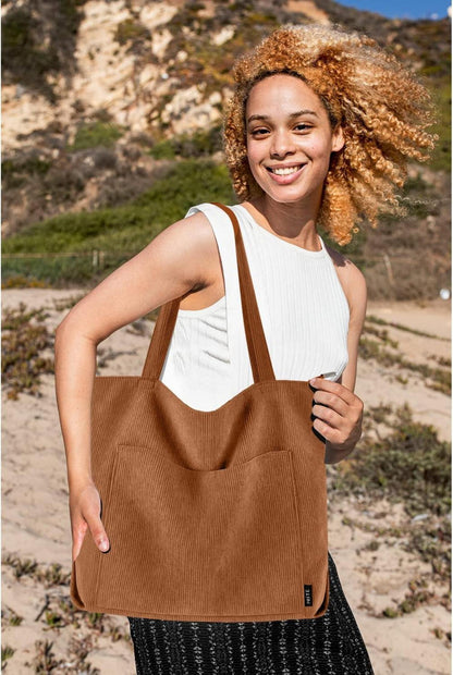 Prite Handtasche Damen Cord Tote Bag Umhängetasche Groß Stofftasche braun