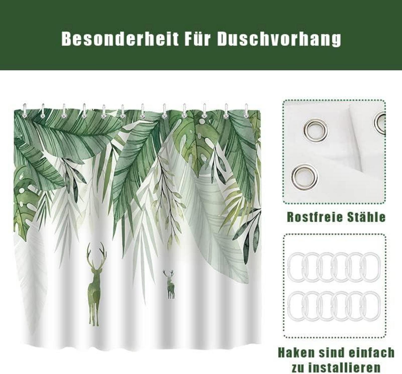 Duschvorhang Wasserdicht 180x200 cm Grün Blätter Blumen Polyester