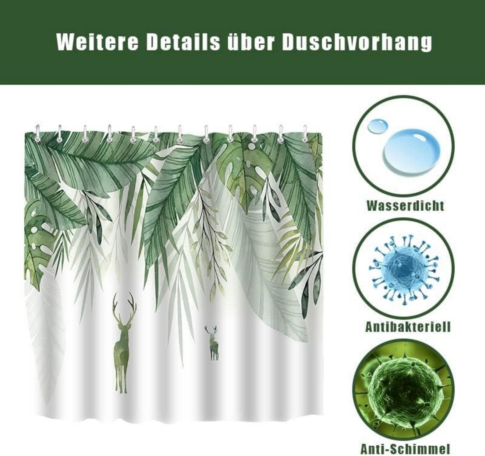 Duschvorhang 180x200 cm Wasserdicht Polyester Grün Blumen inkl. 12 Ringe