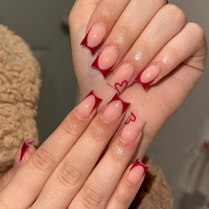 24 Stück Eckig Nägel Herzchen Dunkelrot French Press on Nails