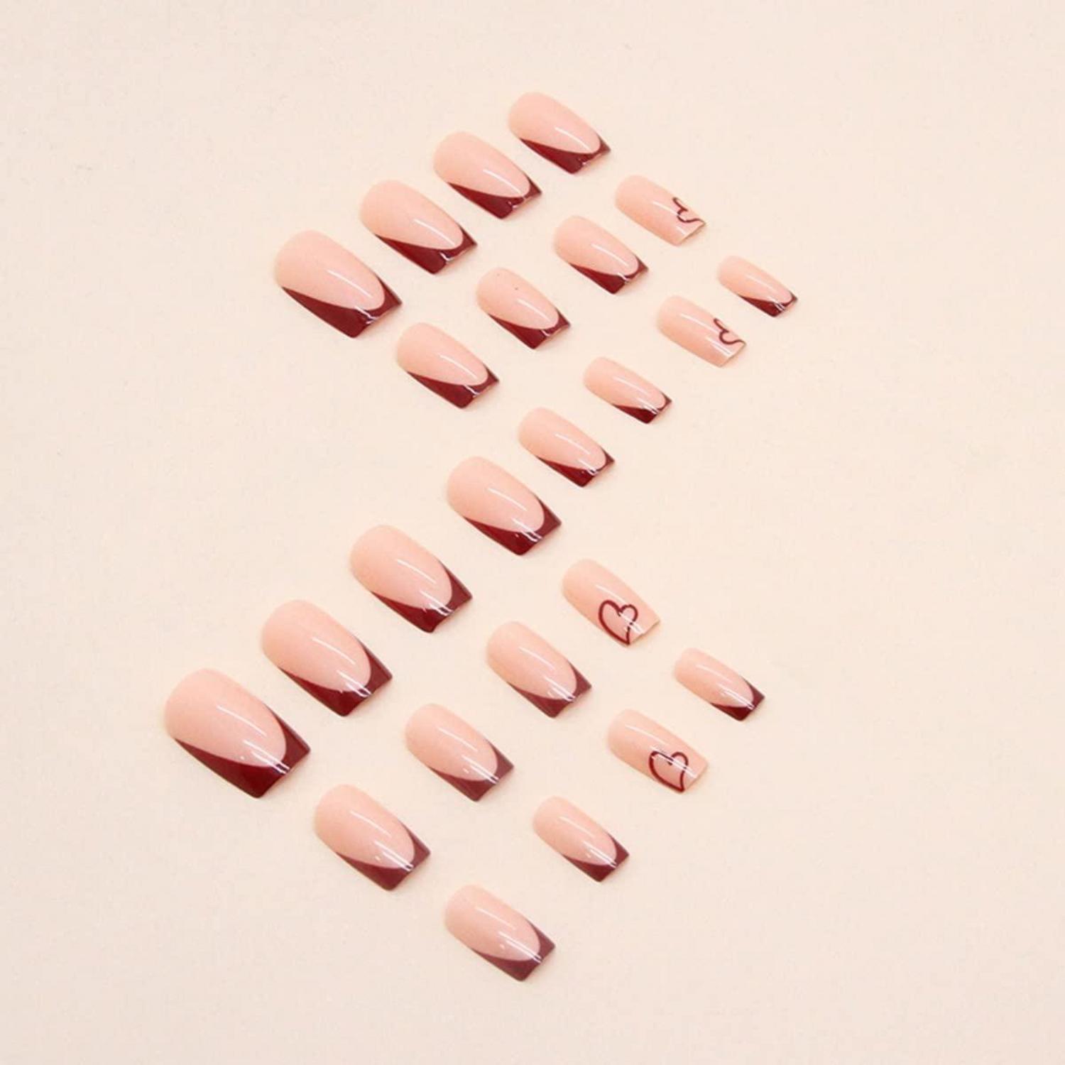 24 Stück Eckig Nägel Herzchen Dunkelrot French Press on Nails