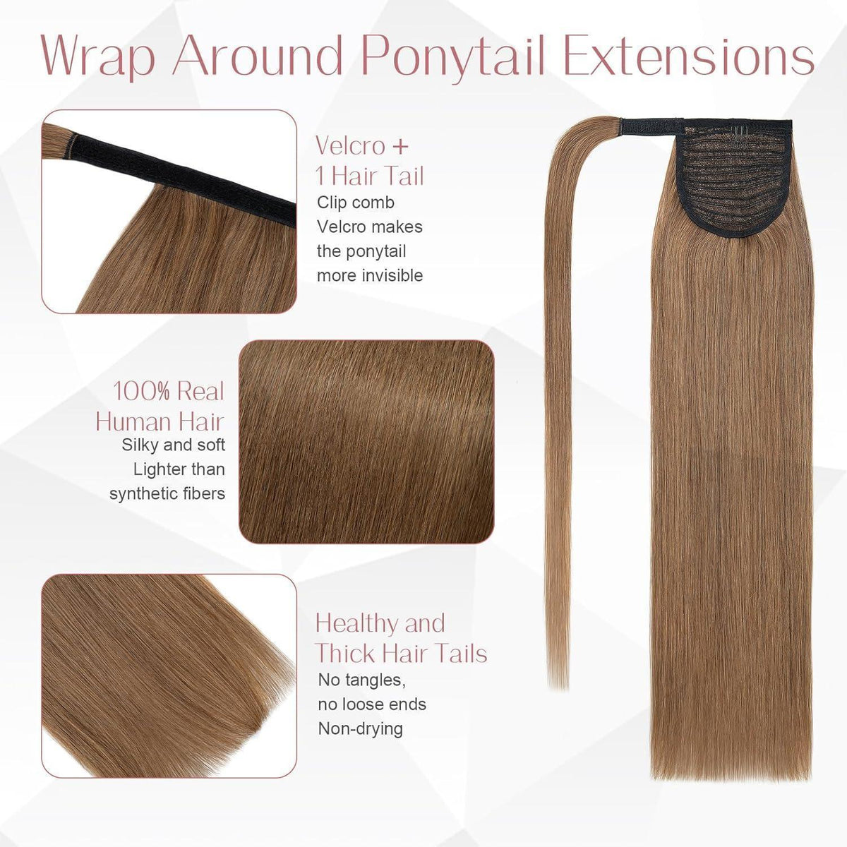 Echthaar Pferdeschwanz Extension glatt, 35cm, #6 Hellbraun