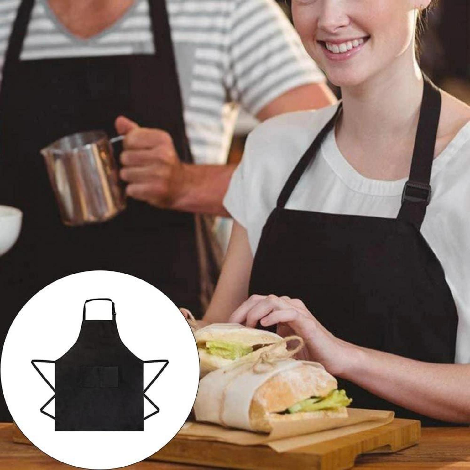 Schwarze Küchenschürze mit verstellbarem Nackenband und großen Taschen