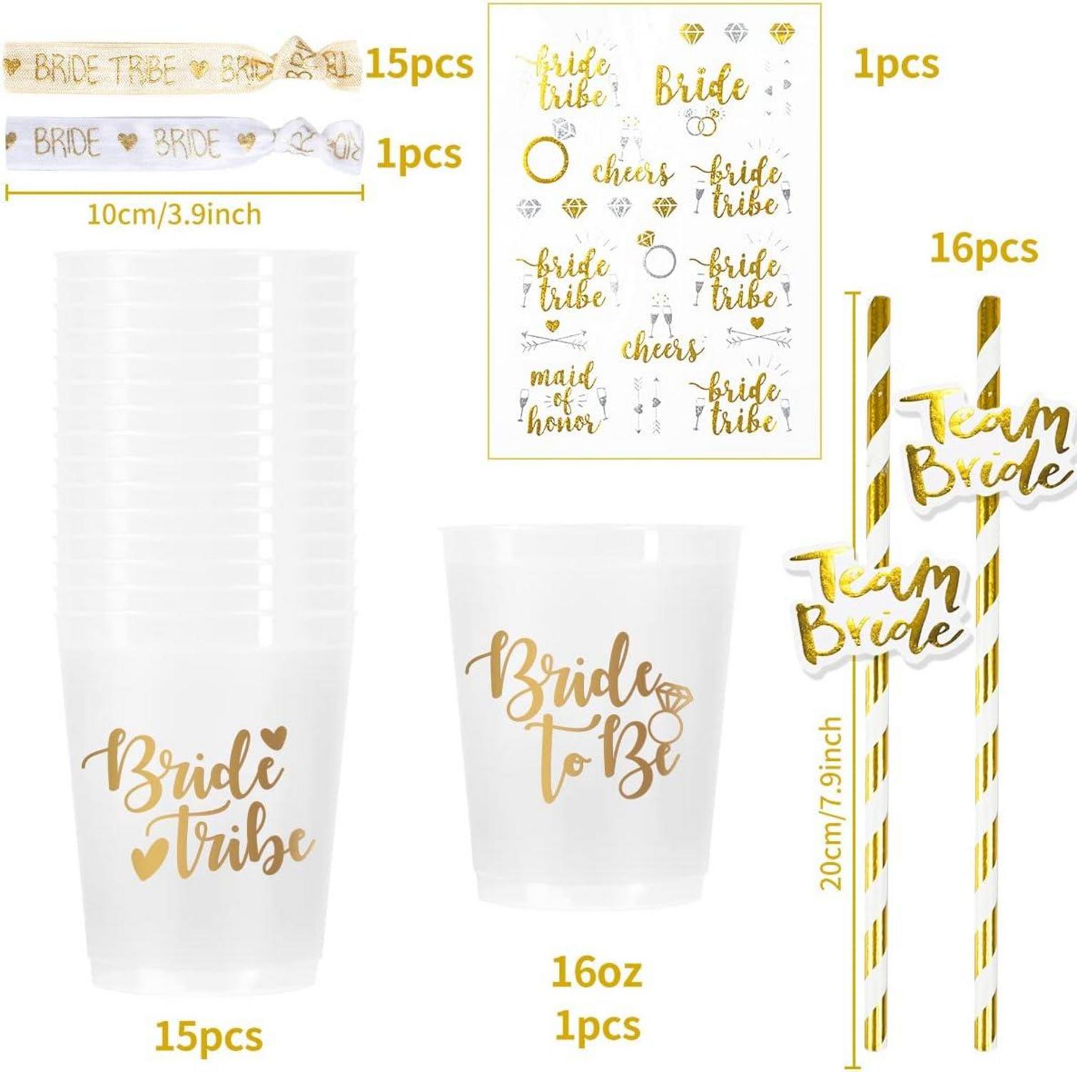 JGA Deko Set: 16 Becher Strohhalme Armbänder Tattoo Gold