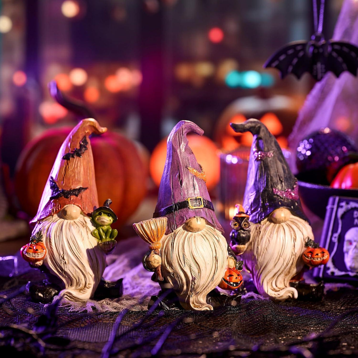 3er Halloween Deko Statuen Kürbis Besen 6,1 Zoll Harz