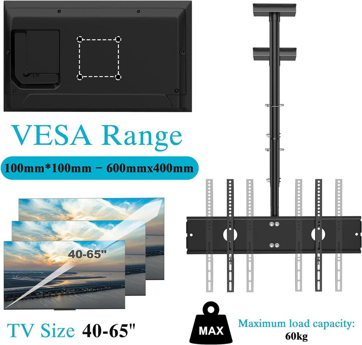 TV Deckenhalterung Höhenverstellbar Schwenkbar Neigbar für 40-65 Zoll Fernseher