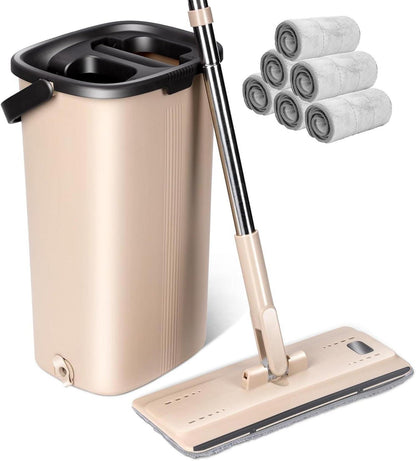 Bodenwischer Set mit Eimer und 6 Mikrofaser Pads, Edelstahlgriff
