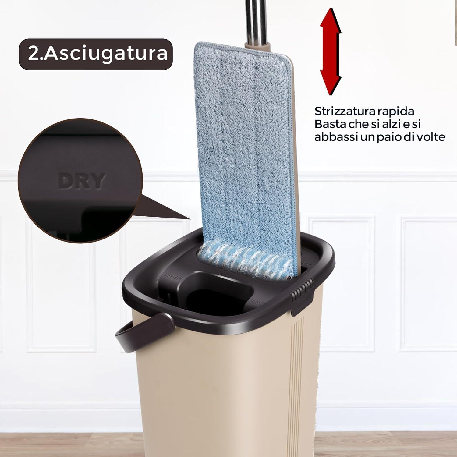 Bodenwischer Set mit Eimer und 6 Mikrofaser Pads, Edelstahlgriff