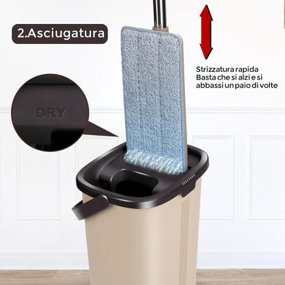 Bodenwischer Set mit Eimer und 6 Mikrofaser Pads, Edelstahlgriff