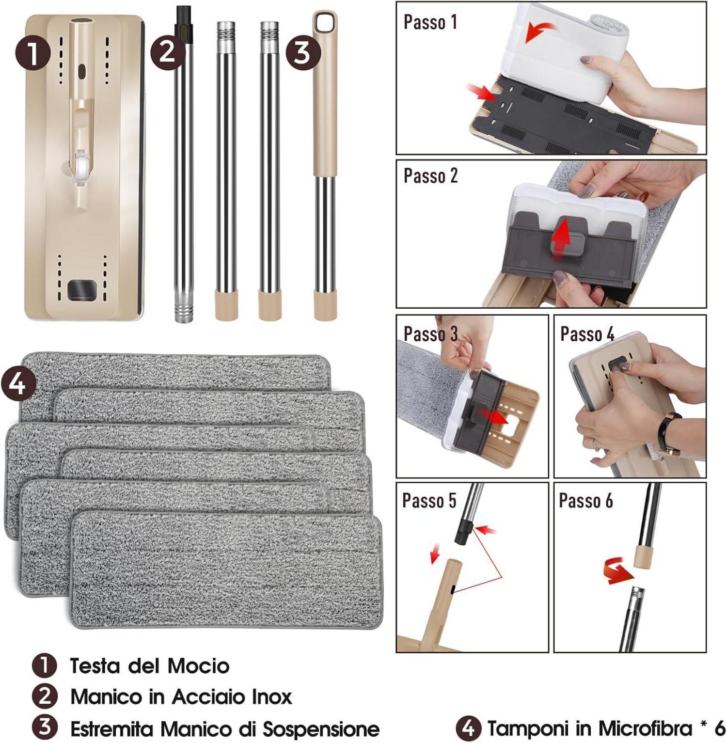 Bodenwischer Set mit Eimer und 6 Mikrofaser Pads Edelstahlgriff
