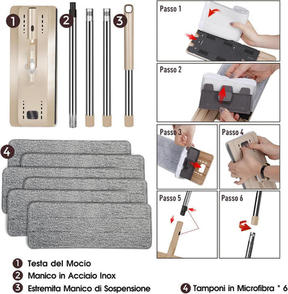 Bodenwischer Set mit Eimer und 6 Mikrofaser Pads Edelstahlgriff