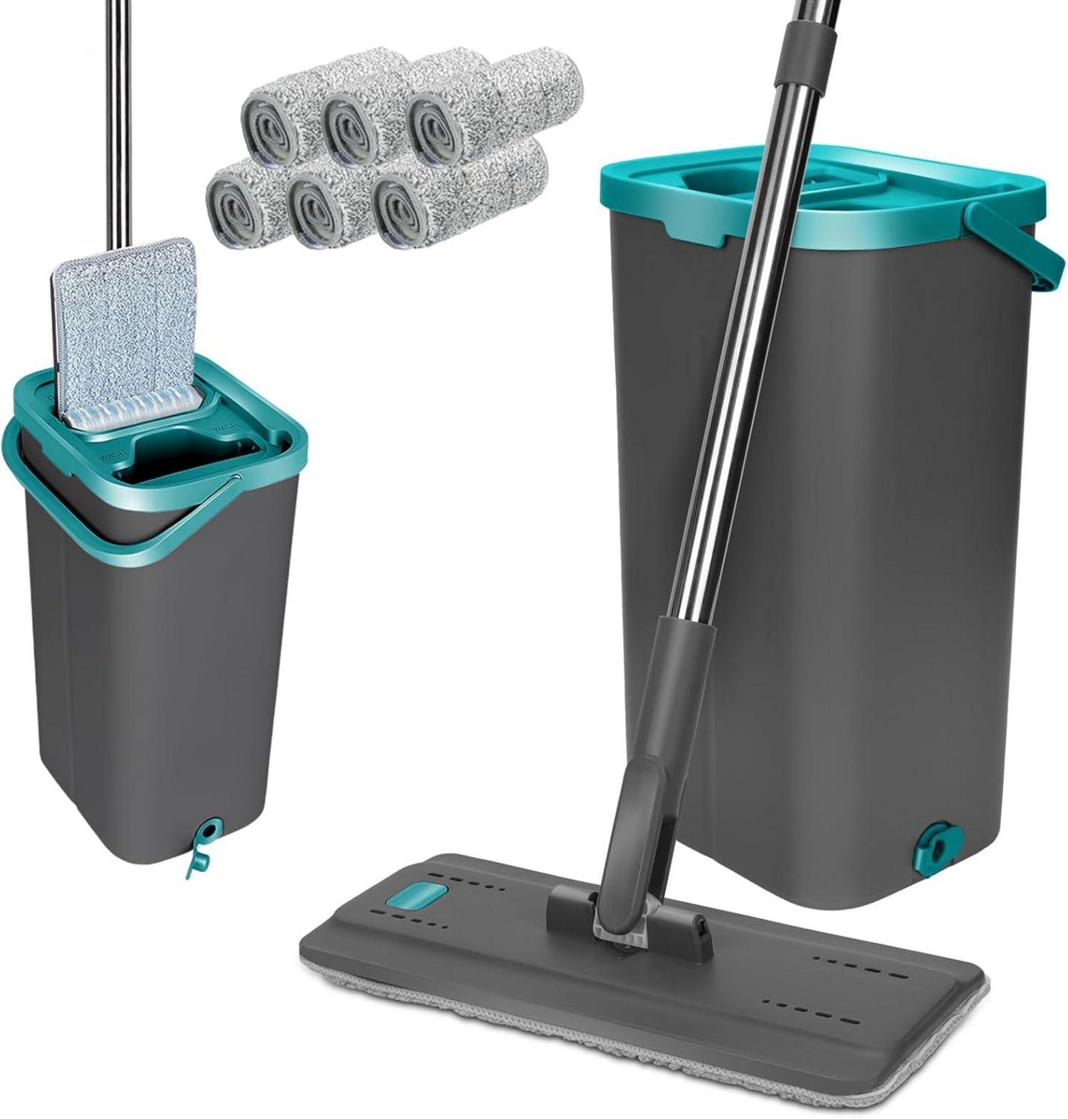 Bodenwischer Set mit Eimer 6 Mikrofaser Wischpads & Edelstahlgriff