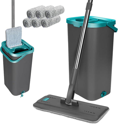 Bodenwischer Set mit Eimer 6 Mikrofaser Wischpads & Edelstahlgriff