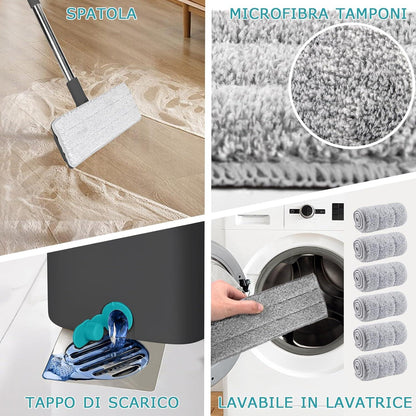 Bodenwischer Set mit Eimer 6 Mikrofaser Wischpads & Edelstahlgriff