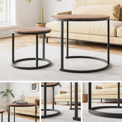 Runder Couchtisch 2er-Set, Metallrahmen, Braun