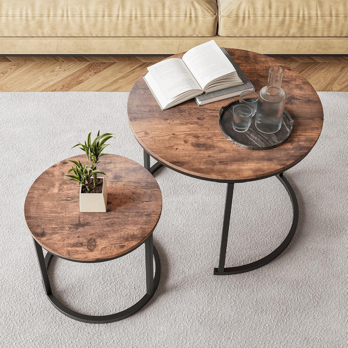 Runder Couchtisch 2er-Set, Metallrahmen, Braun