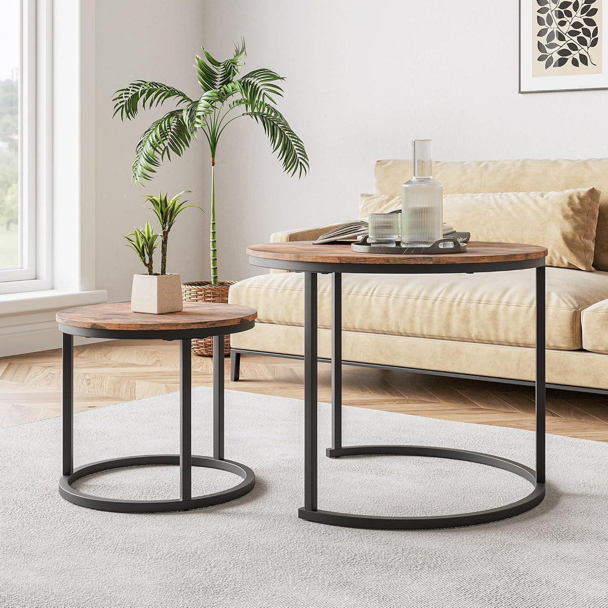 Runder Couchtisch 2er-Set, Metallrahmen, Braun