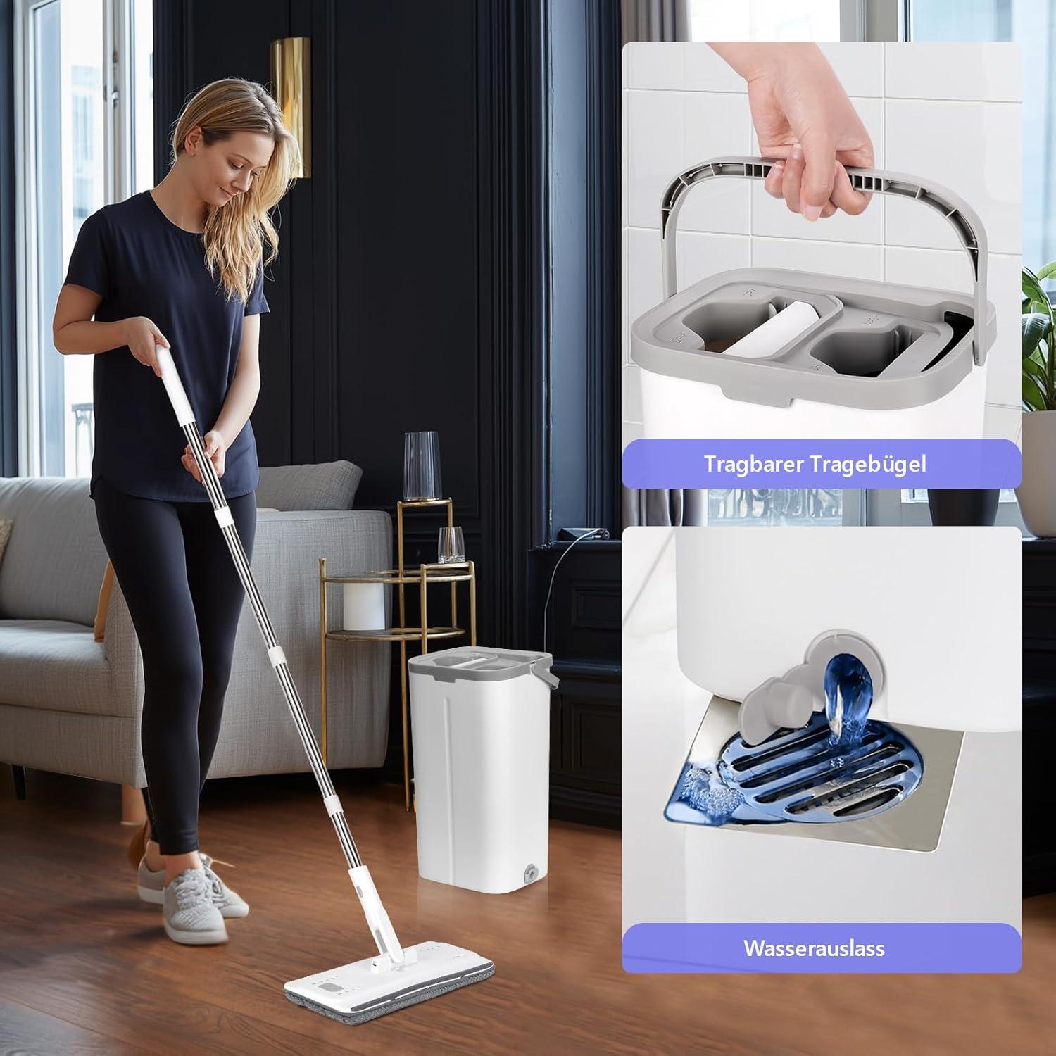 Masthome Wischmopp Set mit Eimer 10 Mikrofaser Pads Edelstahl Griff