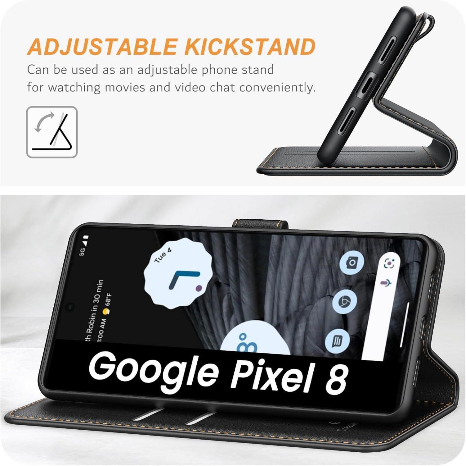 Handyhülle Google Pixel 8 Leder Klapphülle Schwarz - Kartenschlitze, Magnetverschluss, Standfunktion
