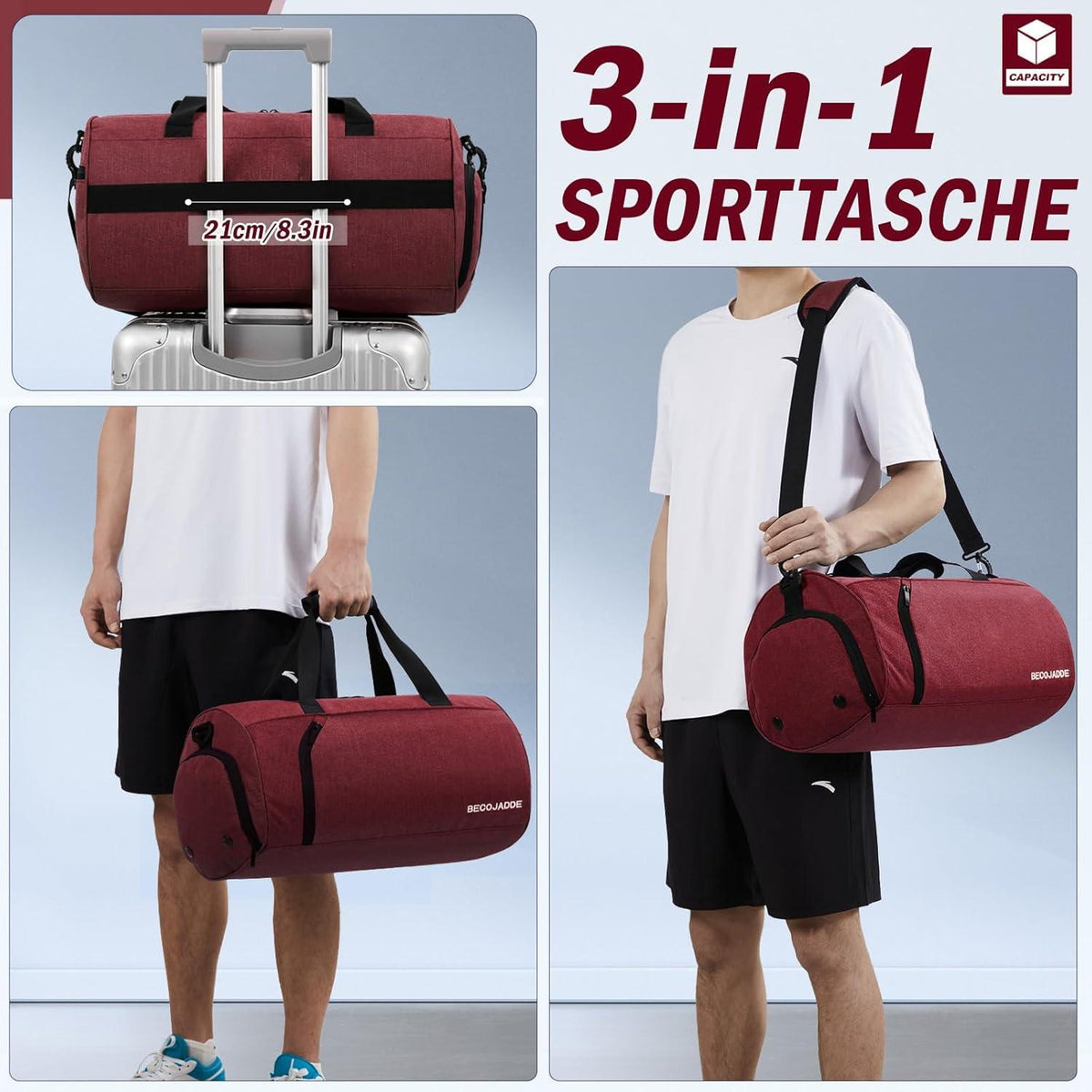 Sporttasche 25L Rotwein mit Schuh- & Nassfach, wasserdicht, Handgepäck