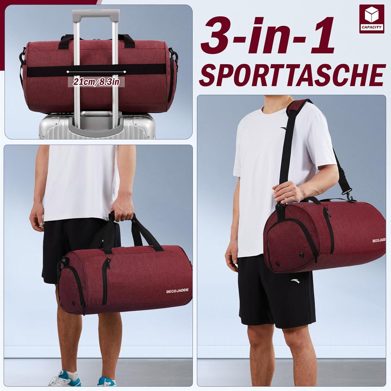 Sporttasche 35L für Damen und Herren, Nassfach, Schuhfach, Rotwein
