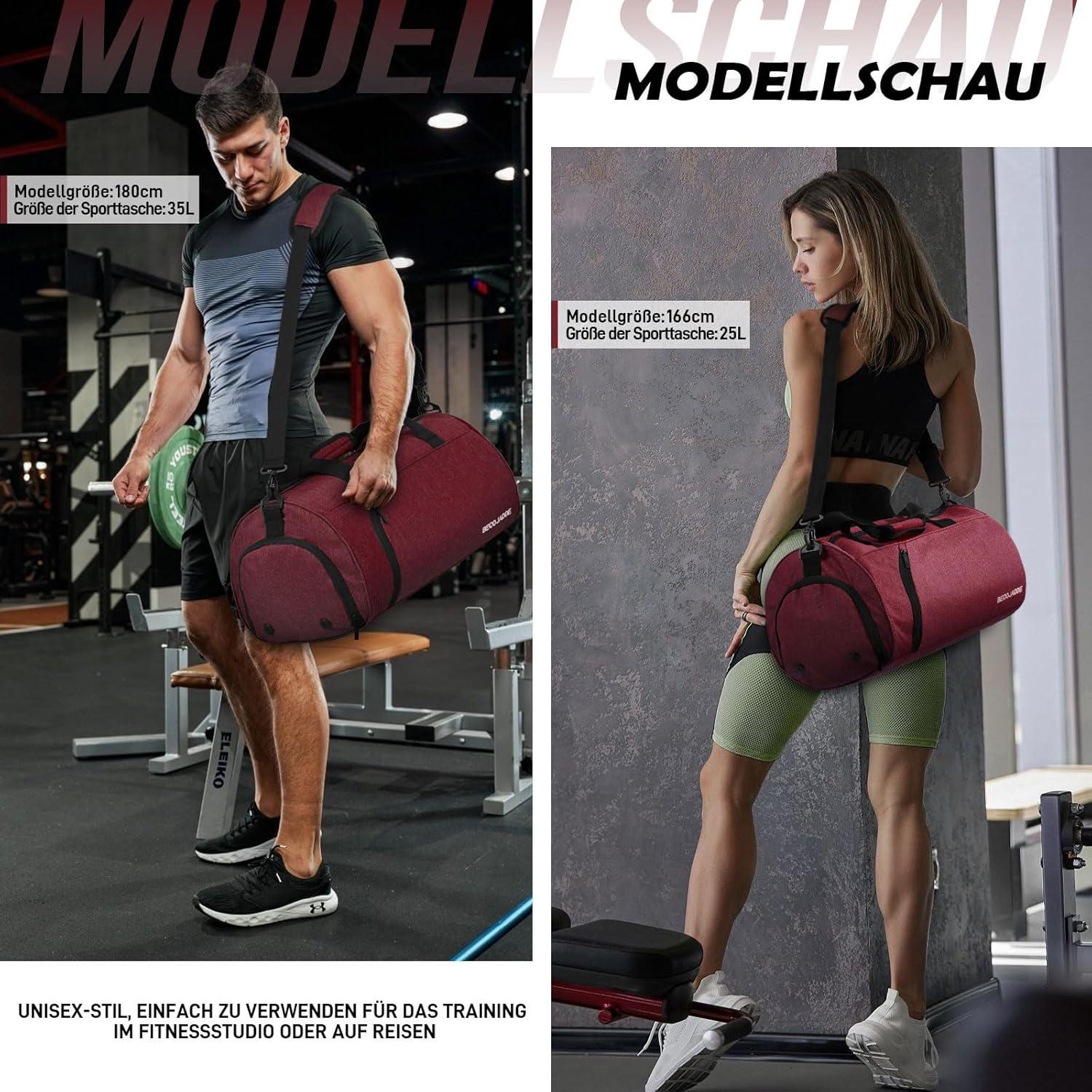 Sporttasche 35L Reisetasche Duffel Bag mit Schuh- & Nassfach Rotwein